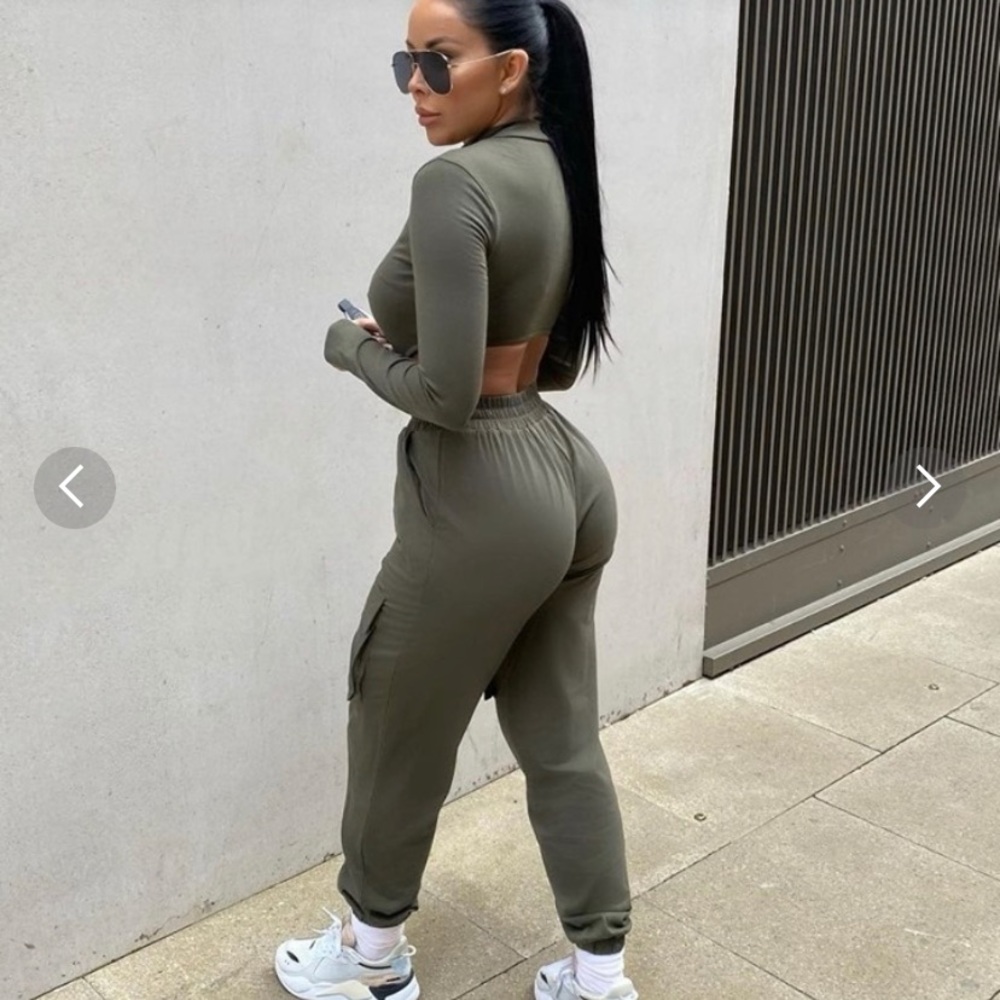 Olive Jogger Pant Set
Zip Front Bodysuit
Long Sleeve
Thong Bottom
Stretch - Picture 4 of 4